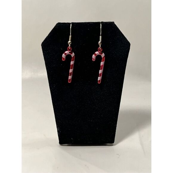Candy Cane Christmas Inspired Silver in Color Fish Hook Stud Earrings - Picture 1 of 3
